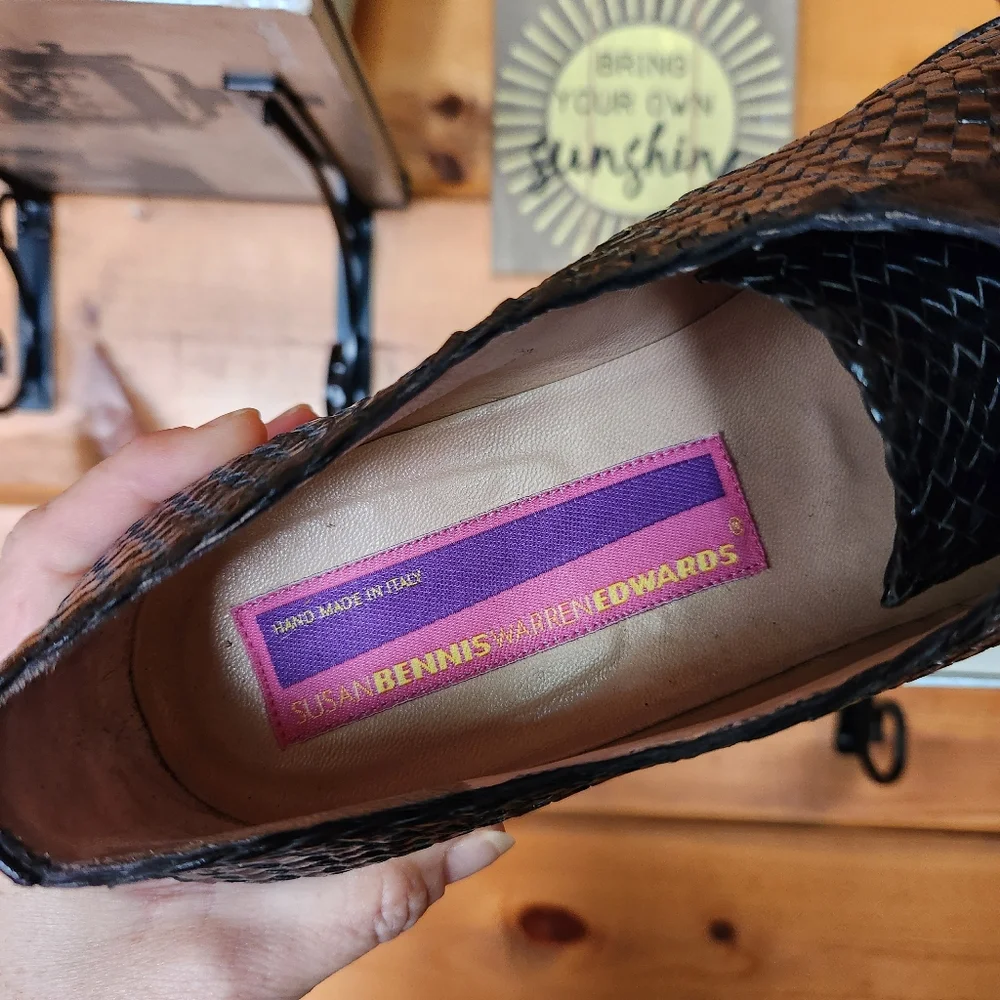 Susan Bennis Warren Edwards Vintage Black Basketweave Leather Oxford Shoes Sz 10
